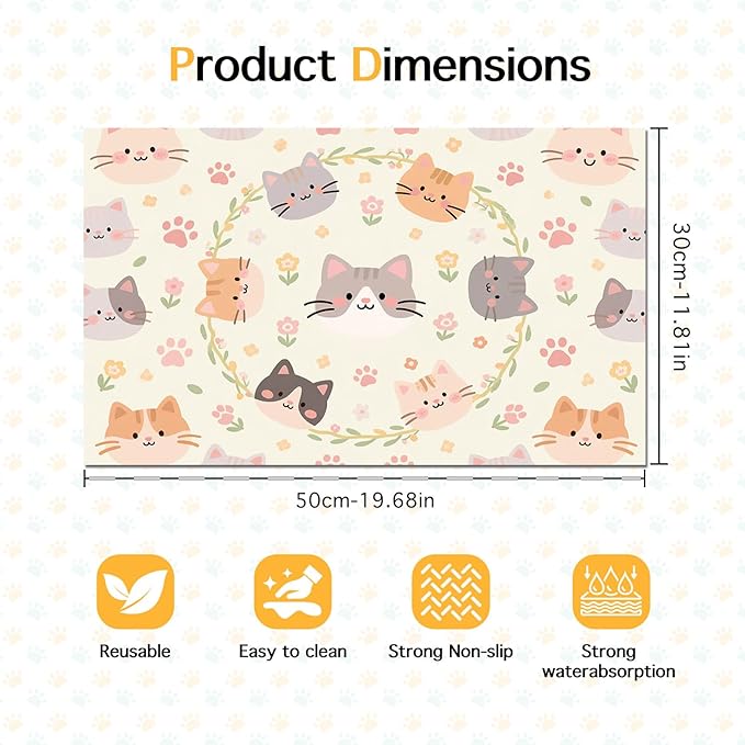 HOMETITUTE Cat Feedings Mats 20x12 inch Beige Cat Print Pet Bowl Placemat Non - Image 6