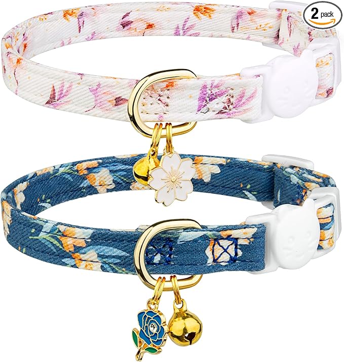 2 Pack Cotton Breakaway Cat Collar White and Blue Flowers Pendant Cute Kitten by Fyeqyaou