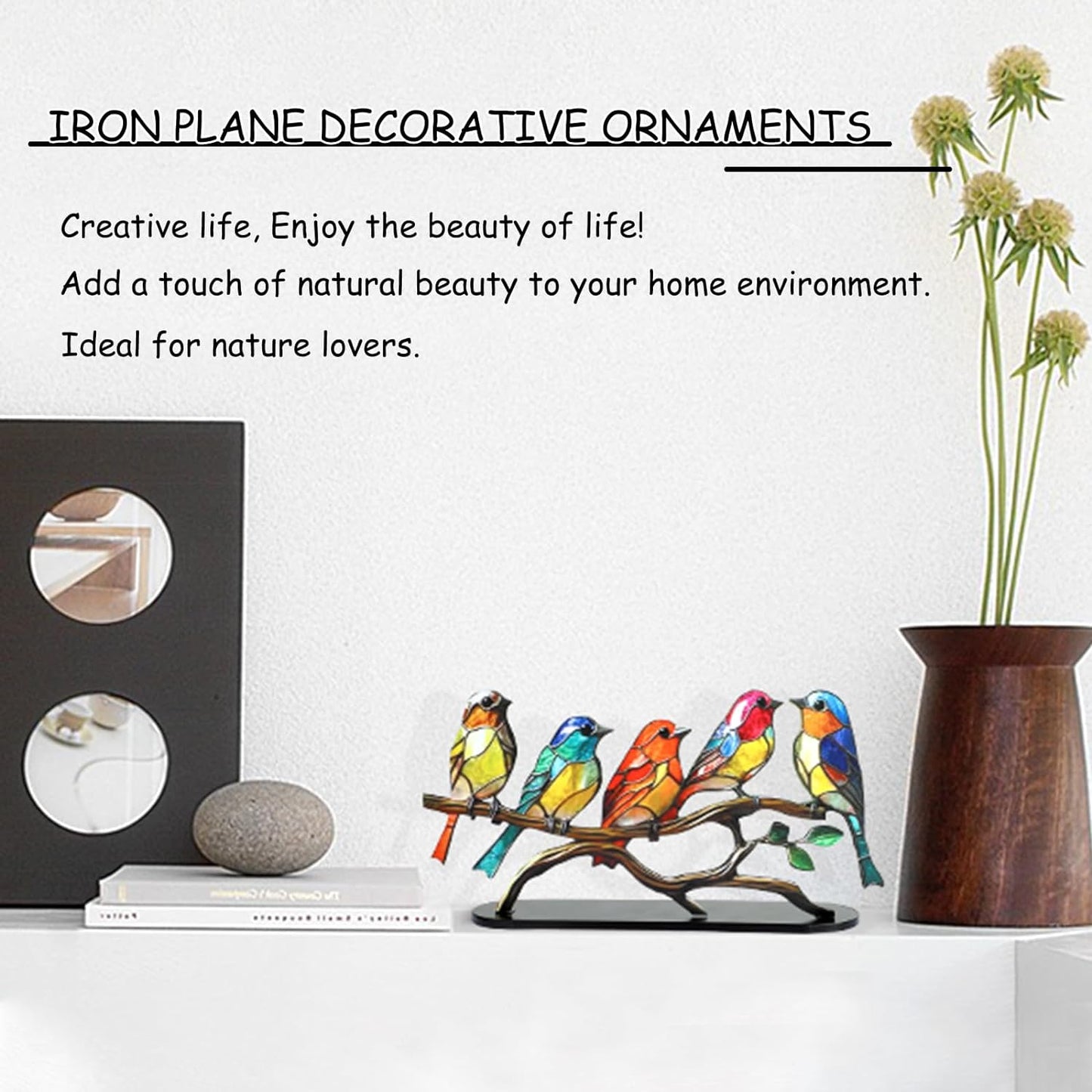 5 Birds on a Branch, Metal Desktop Decorations, Home Bird Decorations for Office, Window, Aviary, Garden, Gifts for Bird Lovers, Boxed Set.