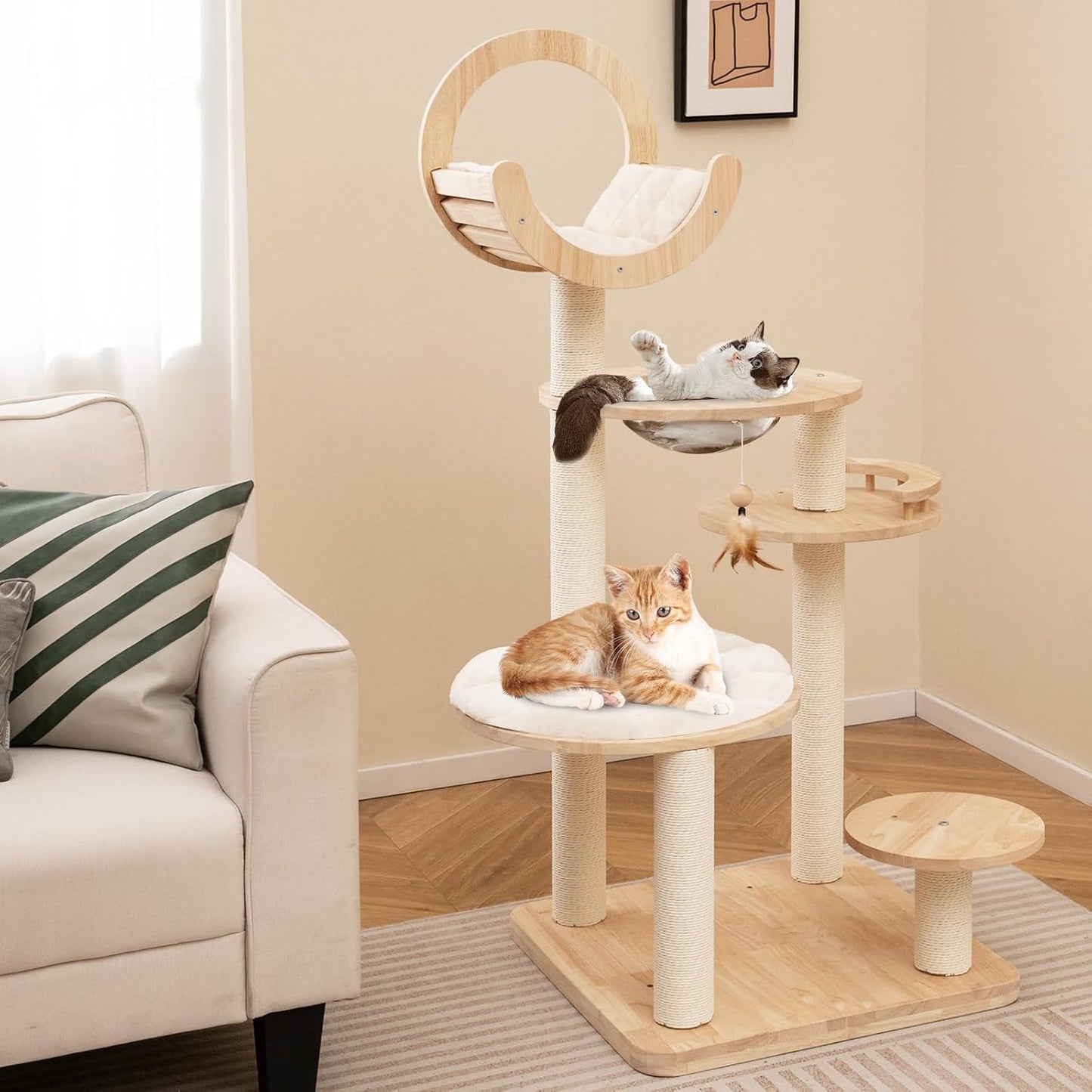 Tangkula Solid Wood Cat Tree, 4-in-1 Building Block Large Cat Tower with Space Capsule Nest, Scratching Posts, Padded Platform, Hanging Toy, Cat Tree Tower with 4 Transformations for Indoor Cats