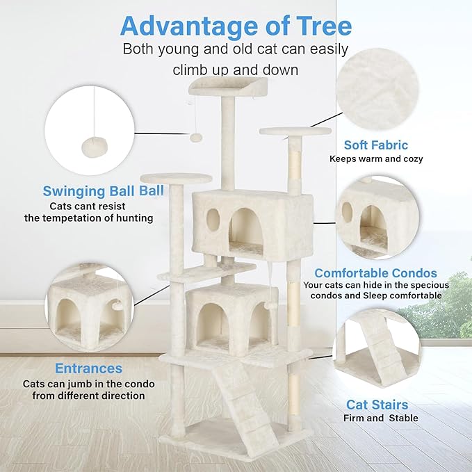 FDW | 62" Cat Tree Tower | Beige | Multi-Level Indoor Activity Center - Image 5