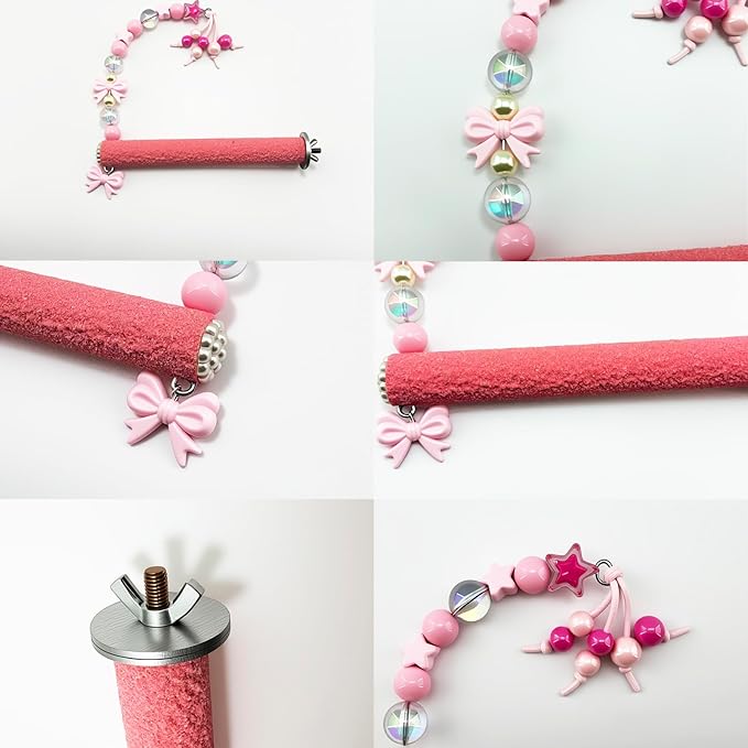 Bird Parrot Perch with Beads and Bow Chew Toy, Cage Platform Toy and Exercise - Image 6