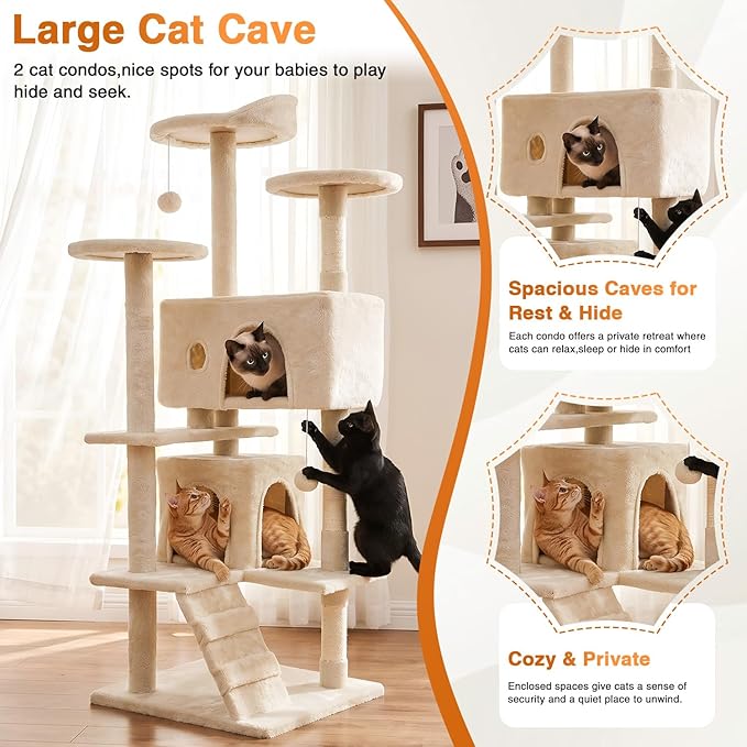 FDW | 54" Cat Tree Tower | Beige | Multi-Level Indoor Activity Center - Image 5