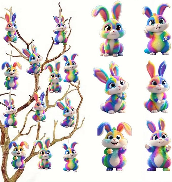 12 Pcs Easter Hanging Ornament Cute Colorful Gradient Bunny Designs 2D Wooden by BHOOKA