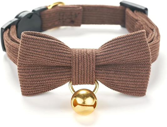 Soft Corduroy Cat Collar with Bell and Bowtie, Safety Breakaway Clasp, by Petiry