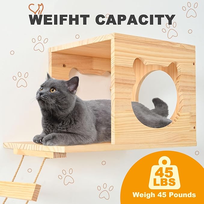 PETKABOO Cat Wall Shelves and Perches, Pine Wooden Cat Wall Furniture Climbing - Image 4