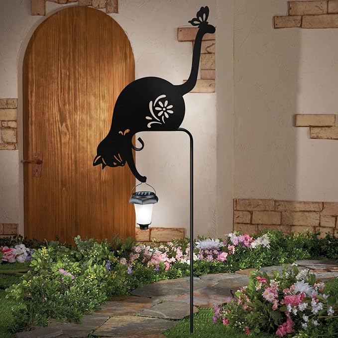 Cat Holding Solar Lantern Garden Stakes Outdoor Metal Cat Stakes Decorative - Image 2