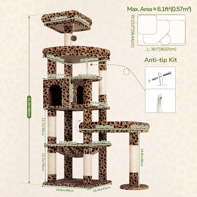 Globlazer Large Perch Leopard Cat Tree, 65in Sturdy Cat Scratching Tree - Image 7