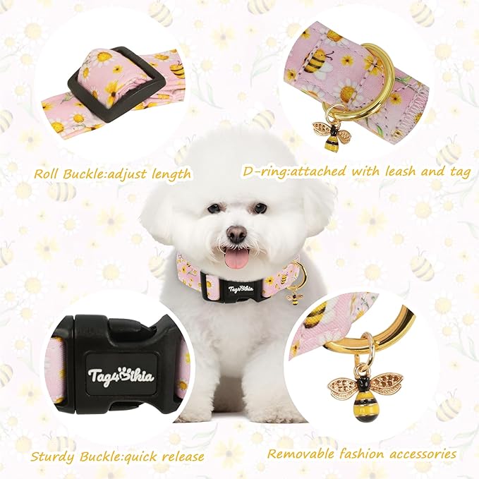 Dog Collar with Bees & Flowers Pattern, Spring Summer Collection Pink Dog - Image 2