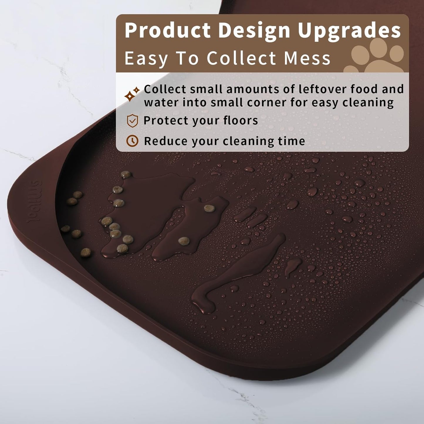 Silicone Pet Feeding Mat with Raised Edge & Residue Collection Pocket for Food and Water, Dog Bowl Mats, Cat Bowls Placemat with High Lip for Floor Waterproof, 22 x 14 x 0.8 Dark Brown