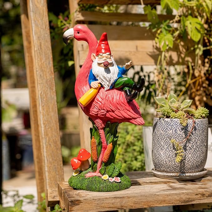 C&Y&G&X Middle Finger Gnome Riding Flamingo 13in, Funny Garden Statue Solar - Image 7