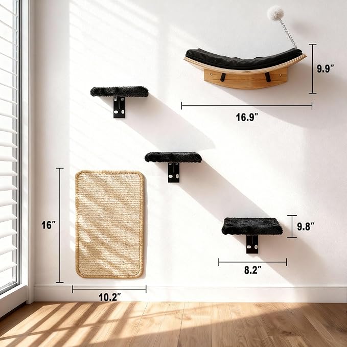 Wooden Cat Wall Shelves and Perches, 5 Piece Wall Mounted Cat Furniture System - Image 7