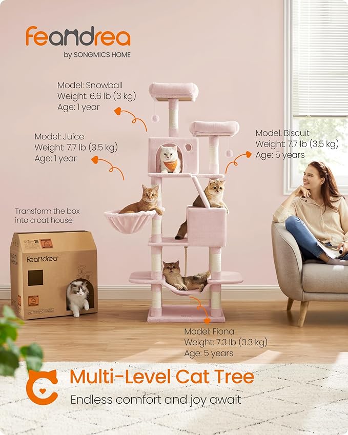 Feandrea Cat Tree, 66.1-Inch Large Cat Tower, 2 Perches, 2 Caves, Jelly Pink - Image 2