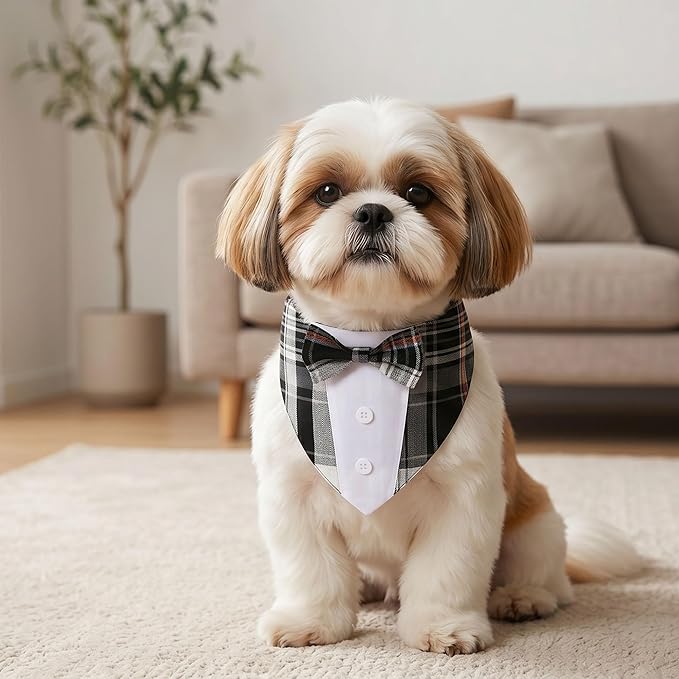 ADOGGYGO Black Dog Tuxedo Bandana, Plaid Bow Tie Collar, Adjustable Black Plaid - Image 4