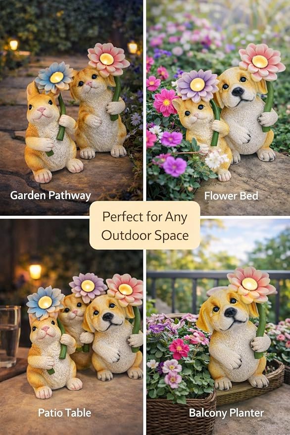 GoGnome Set of 3 Solar Animal Garden Lights – Resin Bunny, Cat & Dog Figurines - Image 2
