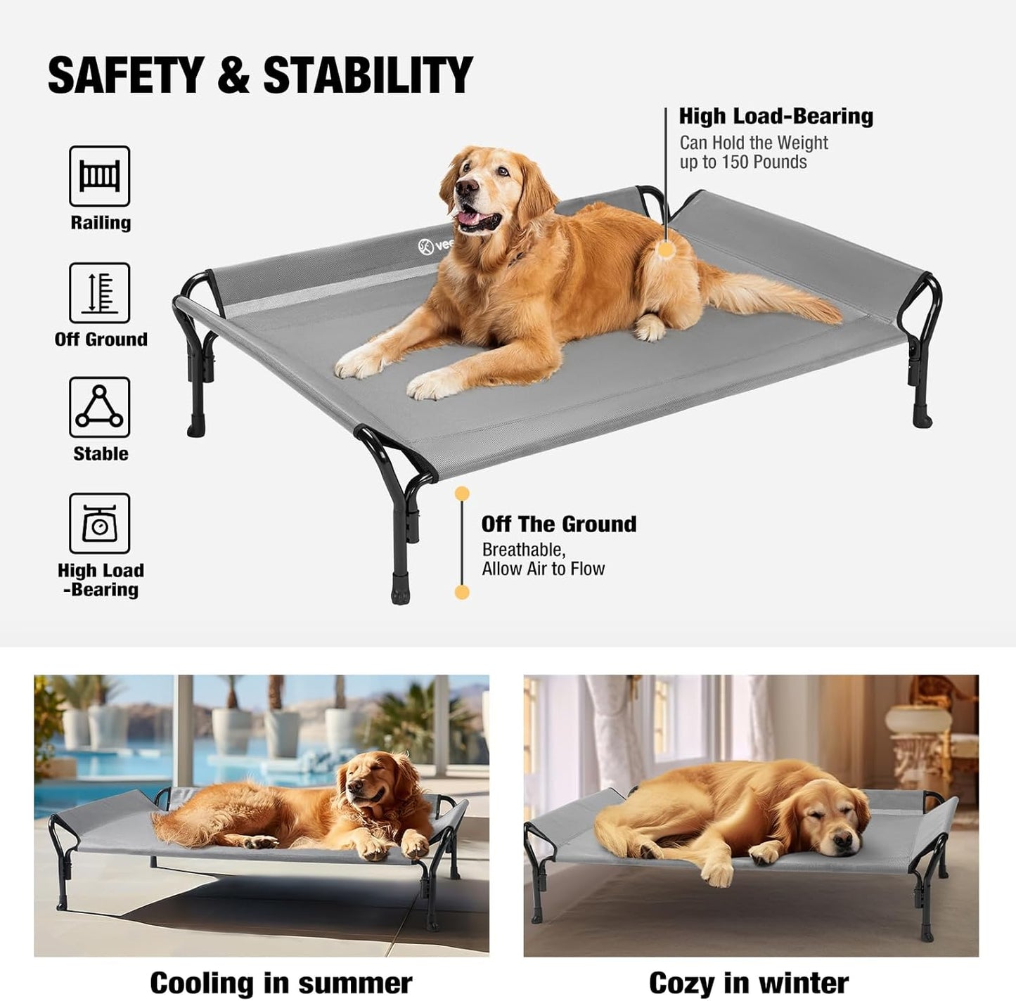 Veehoo Cooling Elevated Dog Bed, Raised Pet Cot with Guardrail & Slope Headrest, Durable Breathable Teslin Mesh, Non-Slip Feet, Washable Dog Couch Bed for Indoor & Outdoor, Medium 39.5" x 28", Gray