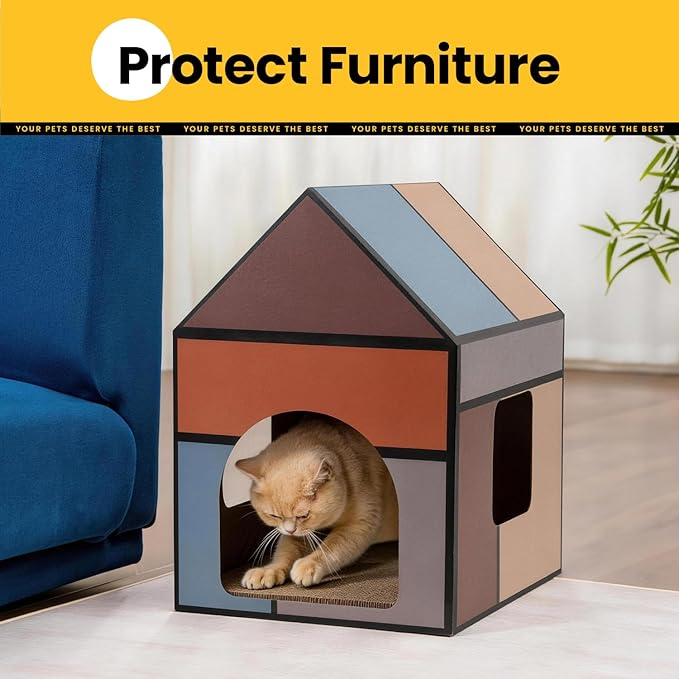 Cardboard Cat House with Scratch Pad & Catnip, Cat Play Scratching House - Image 3