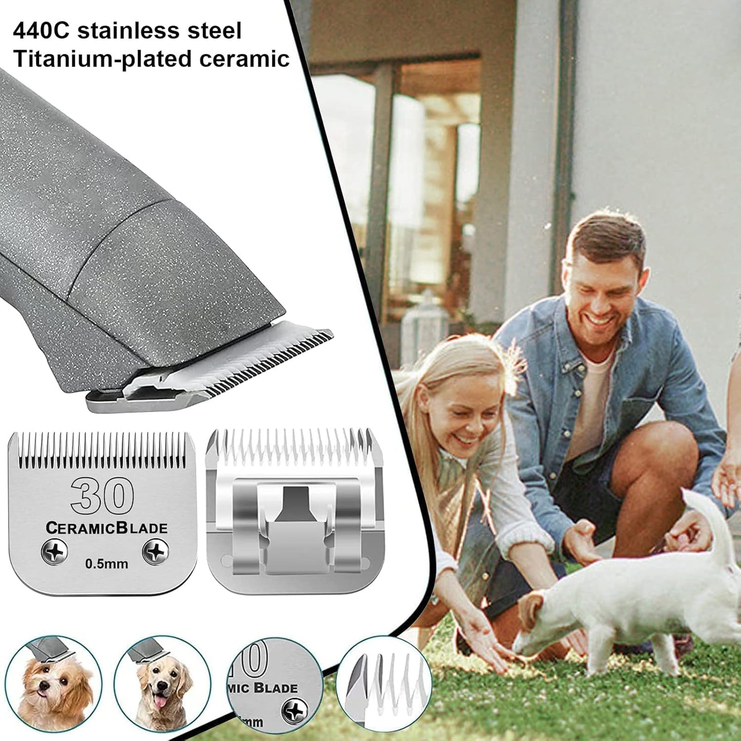 #30 Blade Dog Grooming Clipper Replacement Blades Compatible with Andis/Wahl/Oster Dog Clippers,Detachable Ceramic Blade & Stainless Steel Blade,Size-30, 1/50-Inch Cut Length (64260)