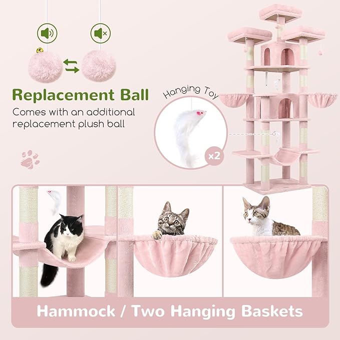 Globlazer Big Pink Cat Tower for Indoor Cats, 80inch Cat Tower for Multiple - Image 5