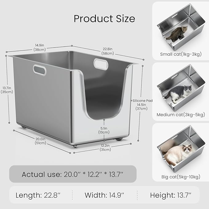 Stainless Steel Litter Box 13.7'' High Sides, XL Metal Cat Litter Box - Image 2