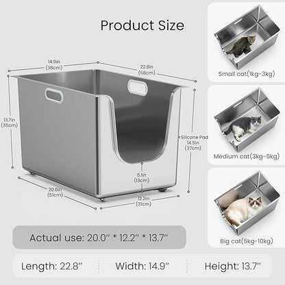 Stainless Steel Litter Box 13.7'' High Sides, XL Metal Cat Litter Box - Image 2