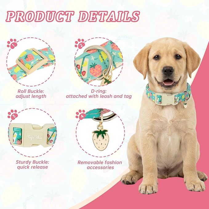 Cute Summer Dog Collar with Strawberry Lemon Pattern, Soft Cotton Girl Dog - Image 2