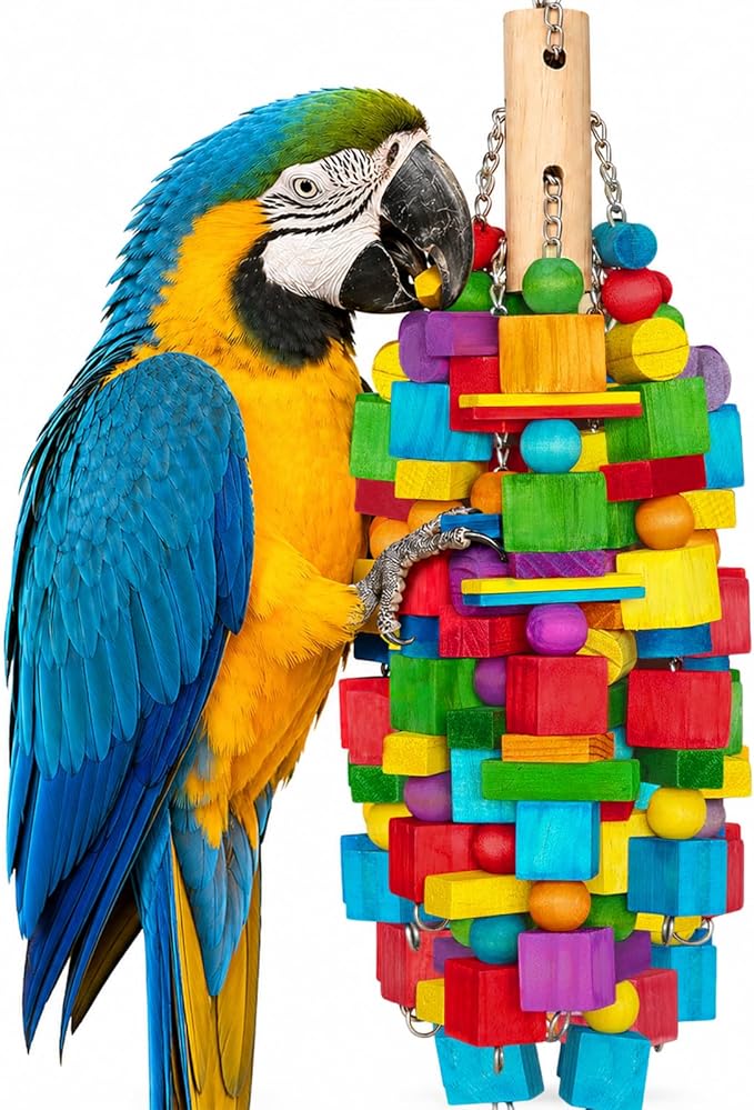 Large Bird Toy, 20 in XL Parrot Toys Natural Wood Blocks Bird Chew Toy by Zephyriel