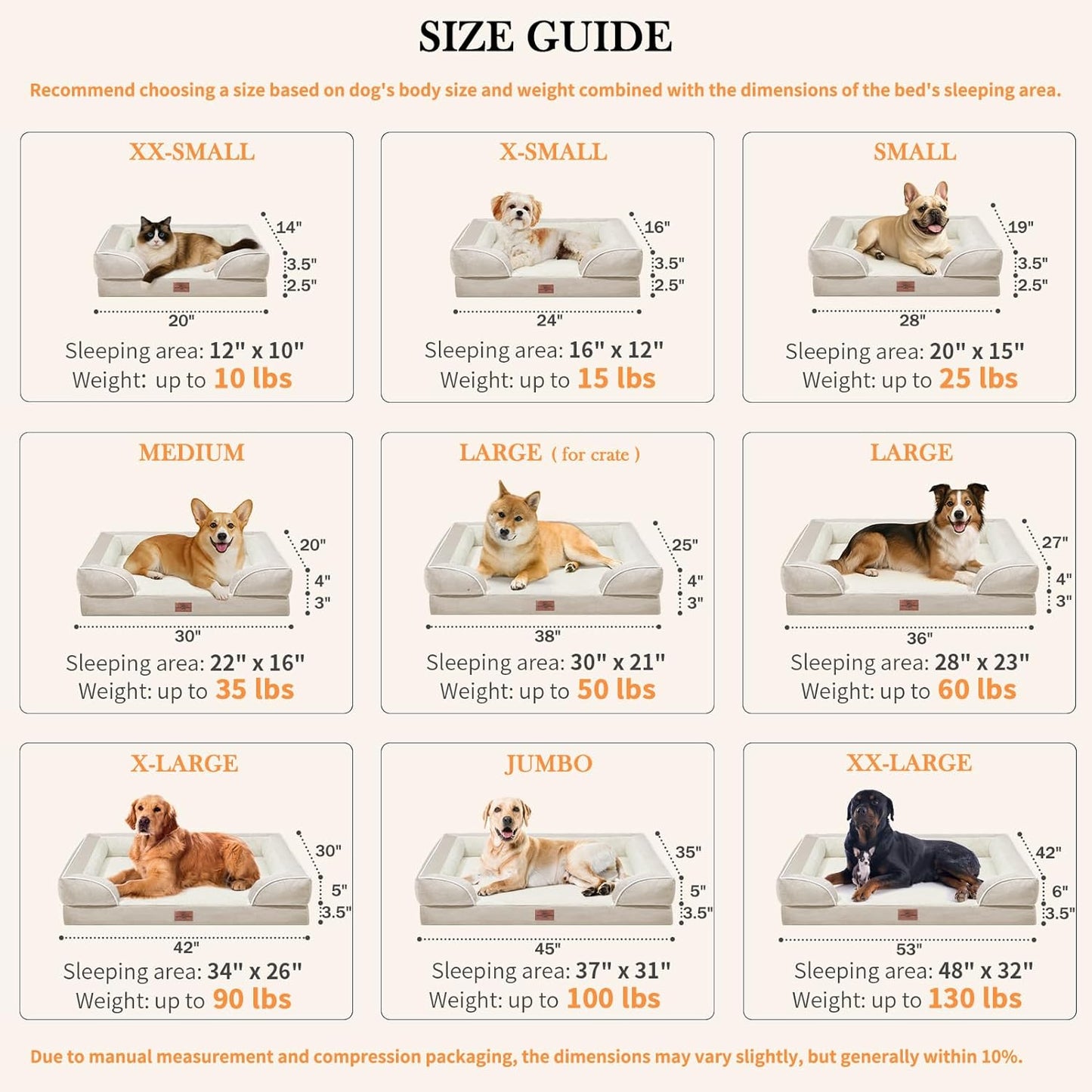 Comfort Expression Waterproof Dog Beds for Large Breed Dogs, Large Dog Beds Orthopedic Foam, Comfy Pet Bed Sofa with Washable Removable Cover & Non-Slip Bottom(Beige)