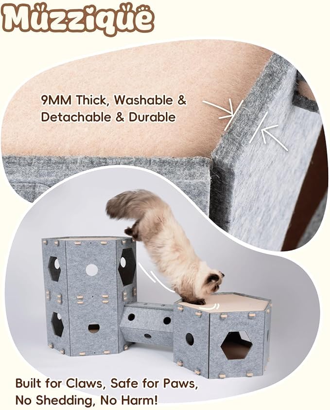 Large Cat Tunnel House Bed for Indoor Cats, w/Hair Brush, DIY Expandable - Image 7