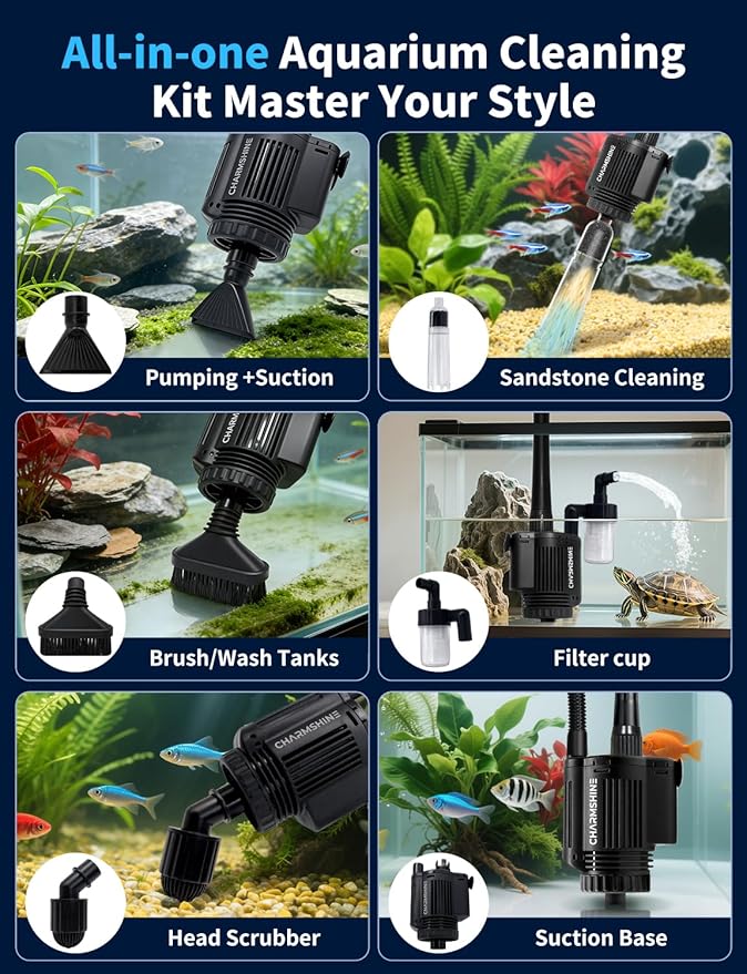 Gravel Vacuum for Aquarium, 6 in 1 Fish Tank Cleaner Tool Kit Electric Vacuum - Image 3