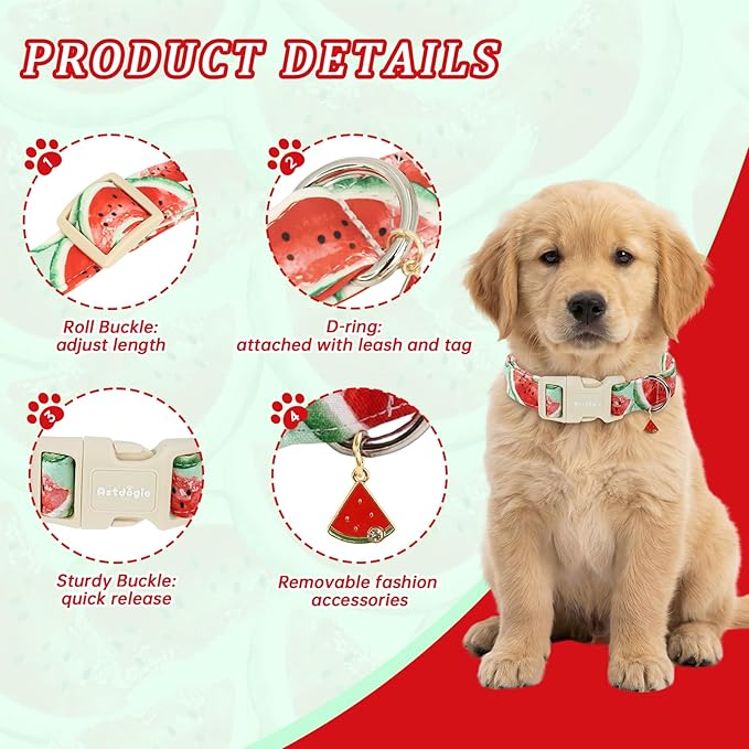Summer Dog Collar with Watermelon, Adjustable Cotton Puppy Collars - Image 2