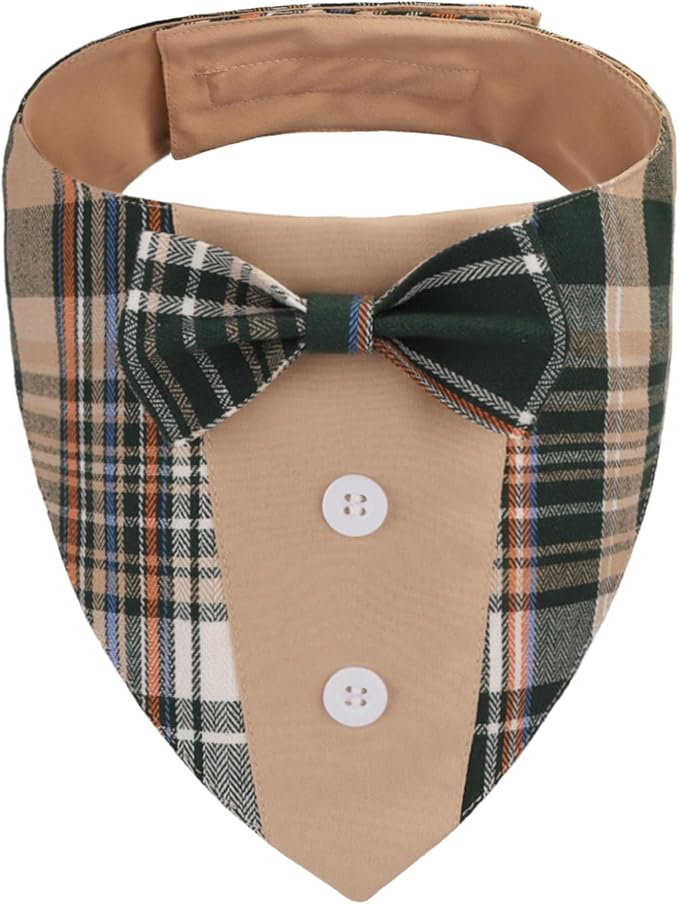 ADOGGYGO Brown Dog Tuxedo, Plaid Pet Bowtie Collar, Adjustable Brown Plaid by ADOGGYGO
