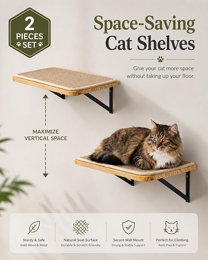 2PCS Cat Wall Shelves with Scratching Mat, 16.6x9.7 Inch Solid Pine Wood Wall - Image 2