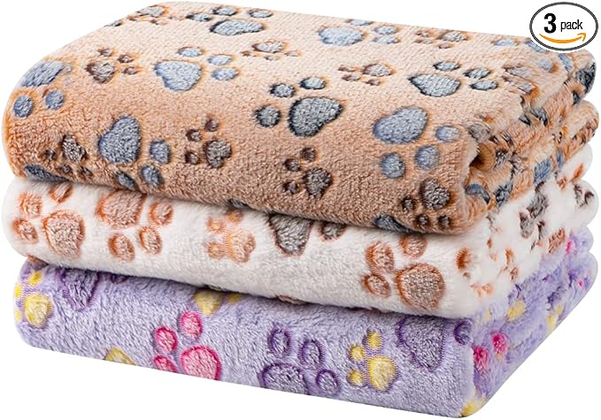 Dono 1 Pack 3 Dog Blankets for Small Dogs, Soft Fluffy Paw Print Pattern Fleece by Dono