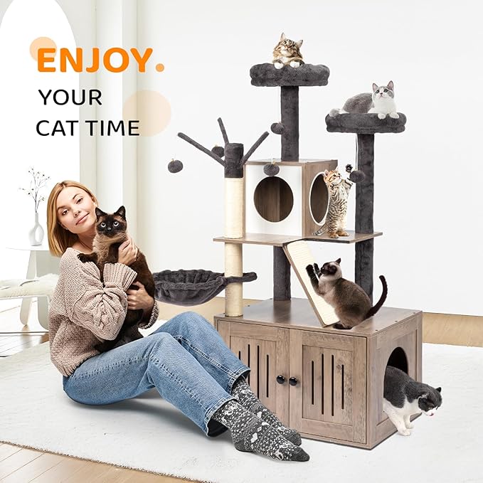 VINGLI Cat Tree Tower with Litter Box, Cat Tower wih Scratching Posts, Houses - Image 2