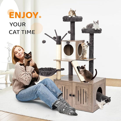 VINGLI Cat Tree Tower with Litter Box, Cat Tower wih Scratching Posts, Houses - Image 2