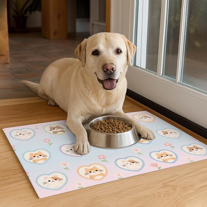 HOMETITUTE Cat Food Mat Pastel Heart Kitten Print, Non-Slip Elegant Pet Bowl - Image 4