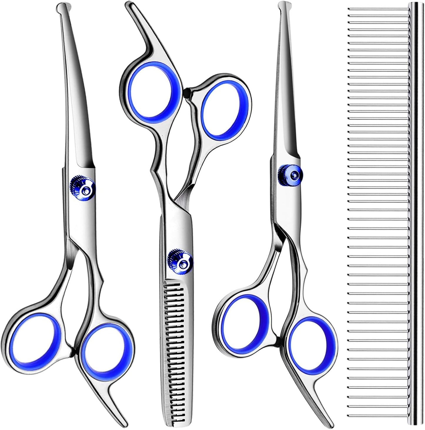 Professional Dog Grooming Scissors Kit, Titanium Coated Dog Scissors for Grooming, Grooming Shears Kit - Straight,Thinning, Curved Scissors and Comb for Dog Cat Pet (Blue 5 in 1)