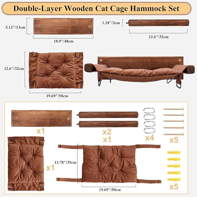 JSPYFITS Wooden Cat Wall Hammock, 18.9 x 12.6 Inch Double Layer Cat Furniture - Image 4