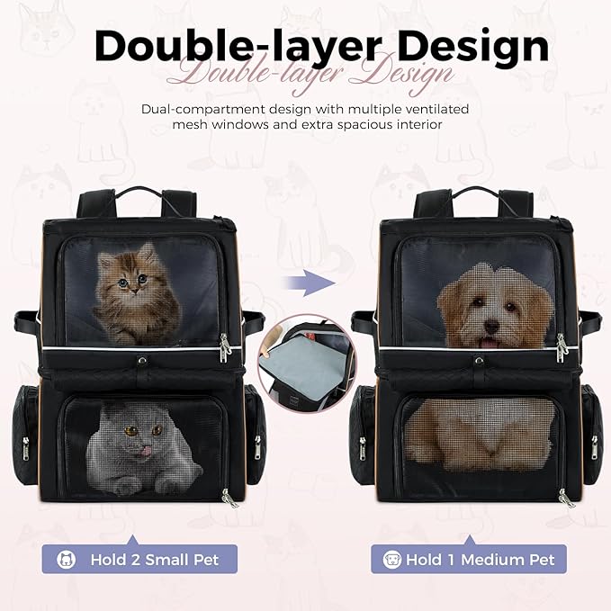 Double Cat Backpack Carrier for 2 Cats, Double-Compartment Pet Carrier Backpack - Image 3