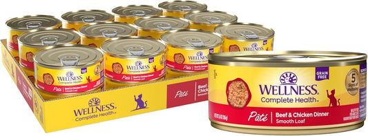 Wellness Complete Health Pate Adult Wet Cat Food, Natural, Protein-Rich, Grain Free, 5.5 Ounce, 24 Pack, (Beef & Chicken)