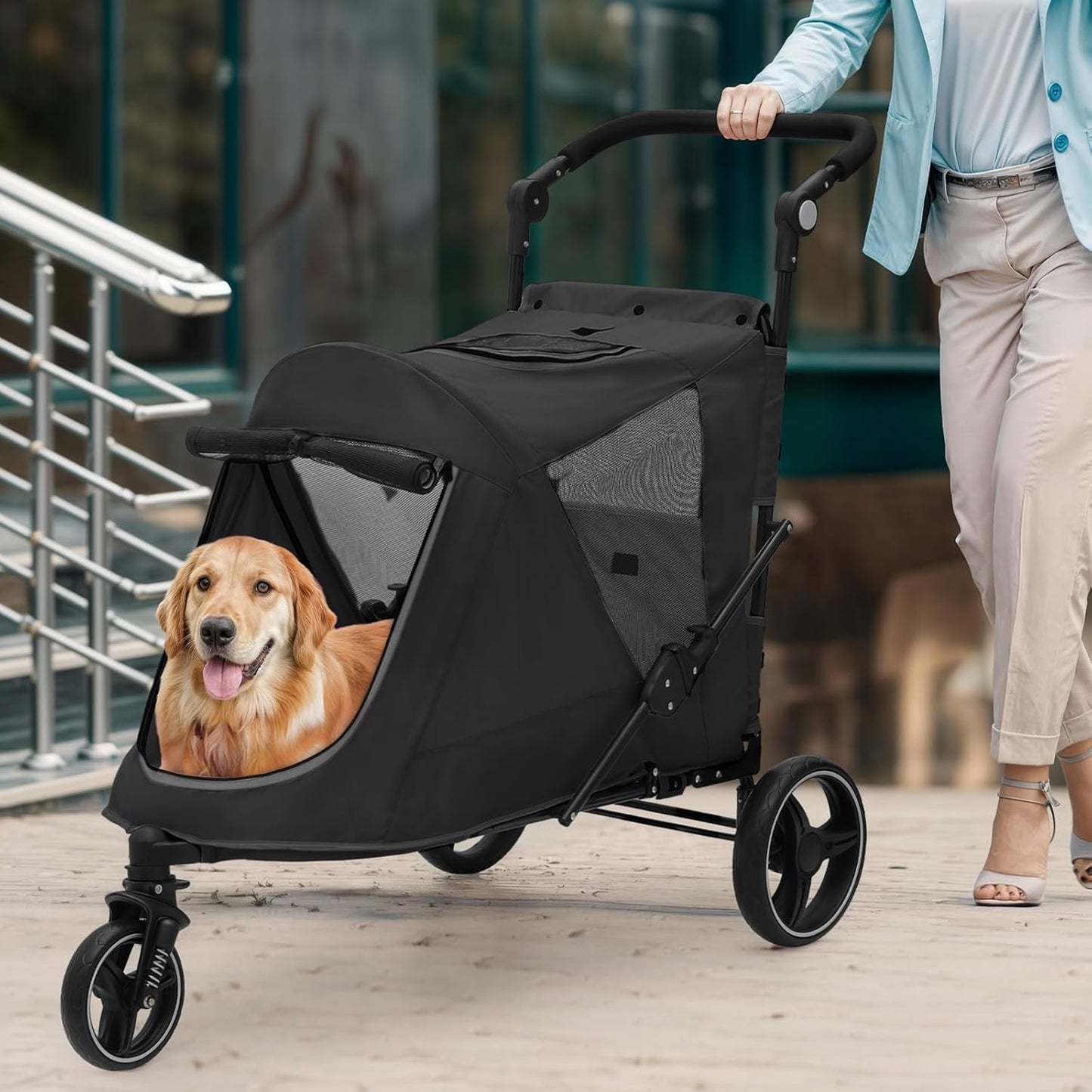 Magshion Pet Stroller for Medium Dogs w/Adjustable Handle, 3-Wheel Dog Cat Wagon w/Dual Entry, Rear Storage, Breathable Mesh, One-Foot Brake, Ideal for Large Pets up to 55 lbs, Black