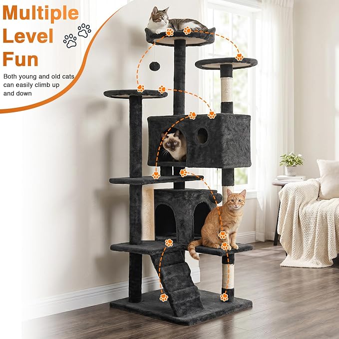 FDW | 54" Cat Tree Tower | Dark Gray | Multi-Level Indoor Activity Center - Image 2