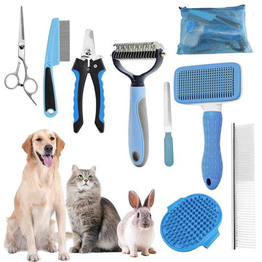 Dog Brush for Shedding,9 PCS in One Pet Slicker Hair Brush Kit with Pet Nail Clipper and File - Dog Cat Grooming Deshedding Undercoat Rake Brush Comb for All Small Large Dogs Cats Blue