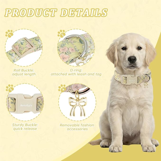 Spring Summer Dog Collar with Pink White Flowers, Adjustable Cotton Puppy - Image 2