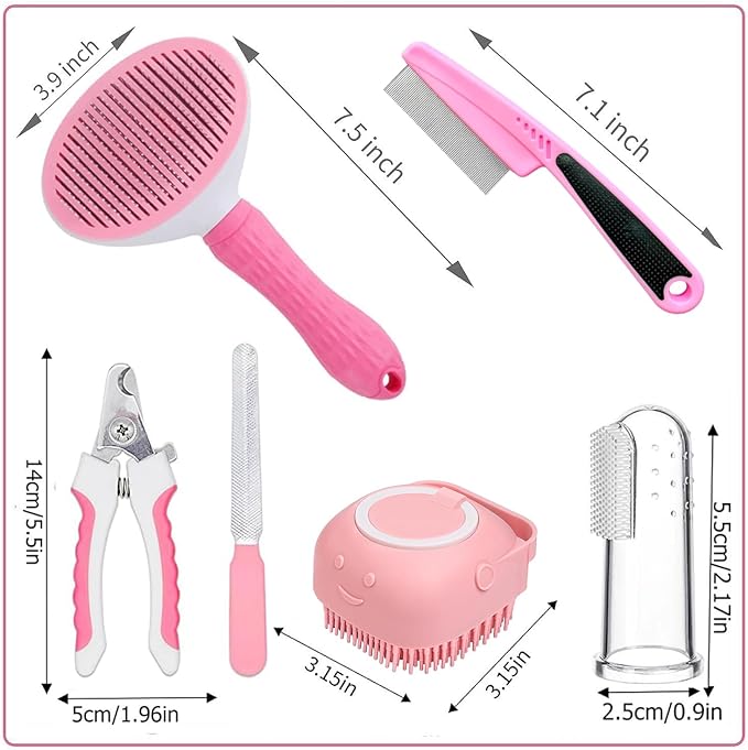 7 Pcs Cat Dog Brush Grooming Kits, Self-Cleaning Slicker Brush, Pet Nail - Image 7