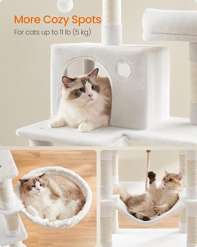 Feandrea Cat Tree, 66.1-Inch Large Cat Tower, 2 Perches, 2 Caves, Cream White - Image 4