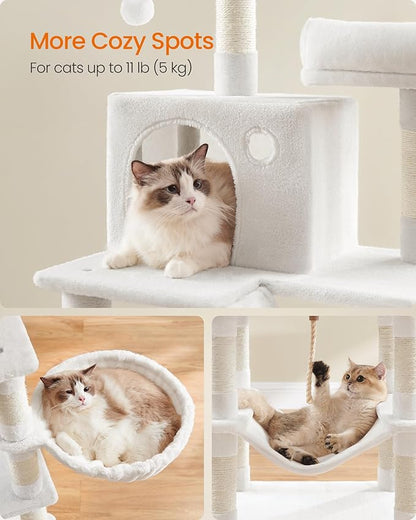 Feandrea Cat Tree, 66.1-Inch Large Cat Tower, 2 Perches, 2 Caves, Cream White - Image 4