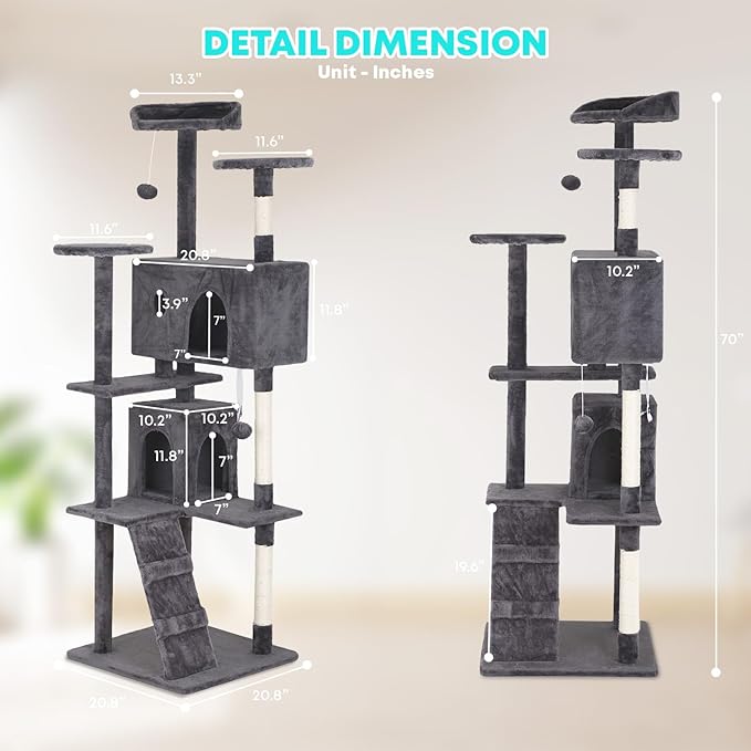 FDW | 70" Cat Tree Tower | Light Gray | Multi-Level Indoor Activity Center - Image 7
