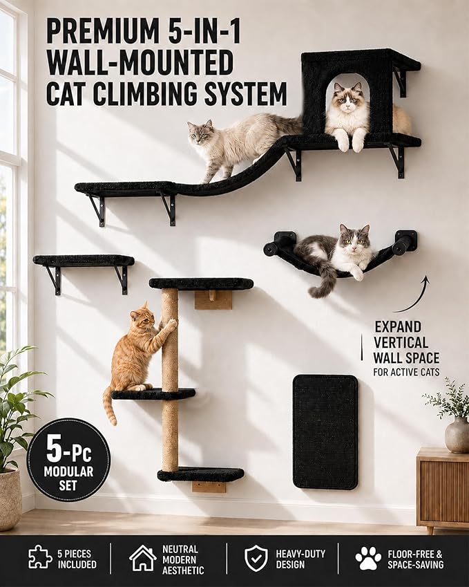 Wall Mounted Cat Furniture Combo of 5, 5 in 1 Cat Shelves - Image 2